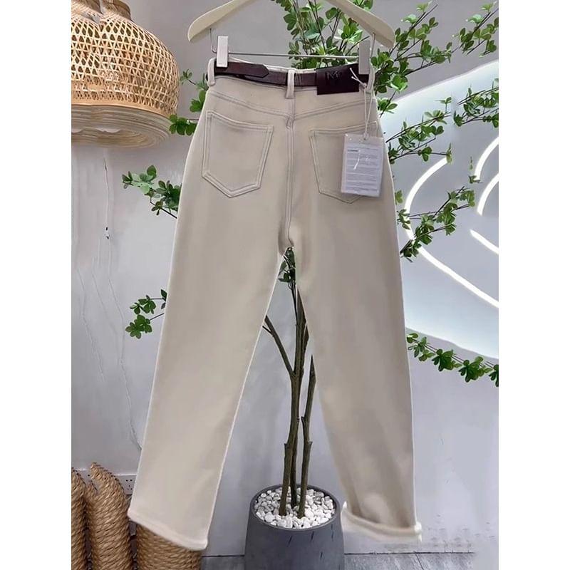 High Rise Plain Fleece Lined Straight Leg Pants Product Image