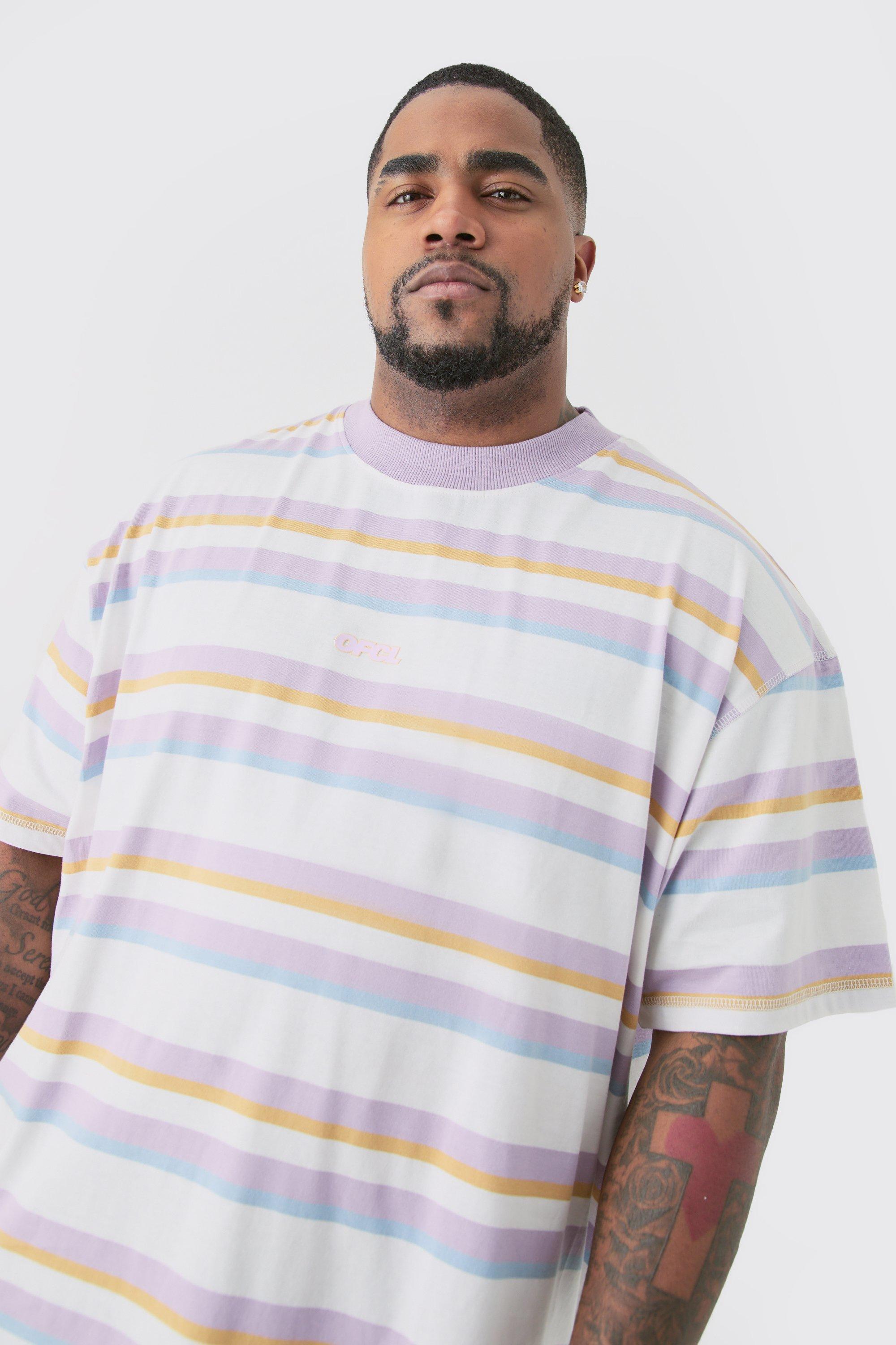 Mens Purple Plus Oversized Carded Heavy Striped Ofcl T-shirt, Purple Product Image