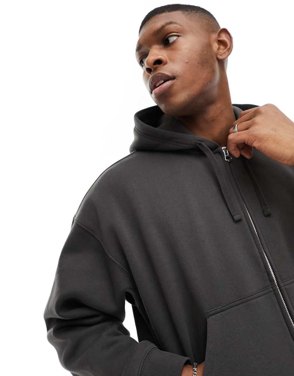 Weekday boxy fit zip up hoodie in off-black Product Image