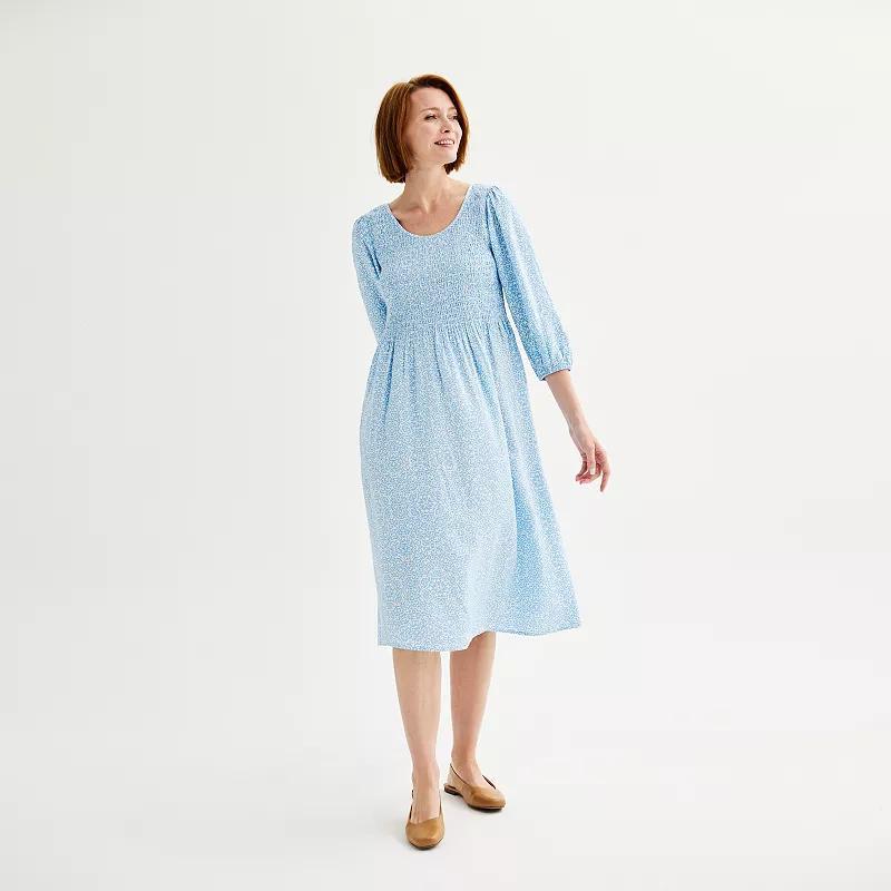 Petite Croft & Barrow 3/4 Sleeve Smocked Challis Dress, Womens Blue White Lacy Product Image