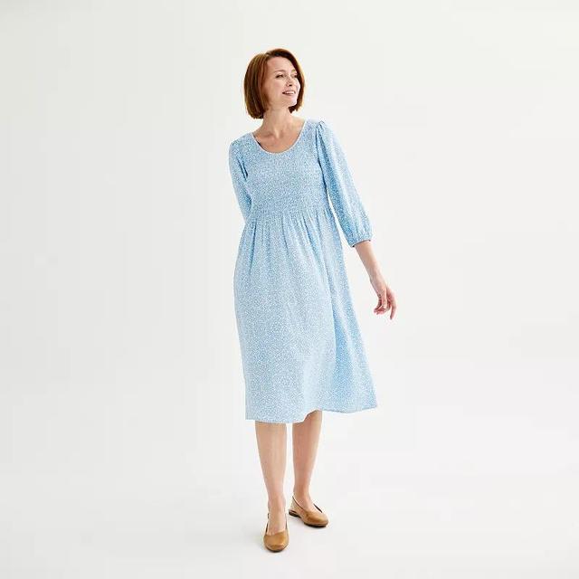 Womens Croft & Barrow 3/4 Sleeve Smocked Challis Dress, Womens Blue White Lacy Product Image