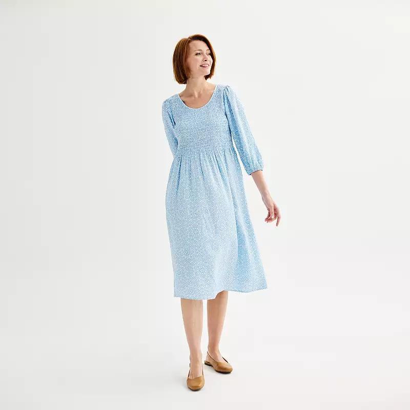 Petite Croft & Barrow 3/4 Sleeve Smocked Challis Dress, Womens Blue White Lacy Product Image