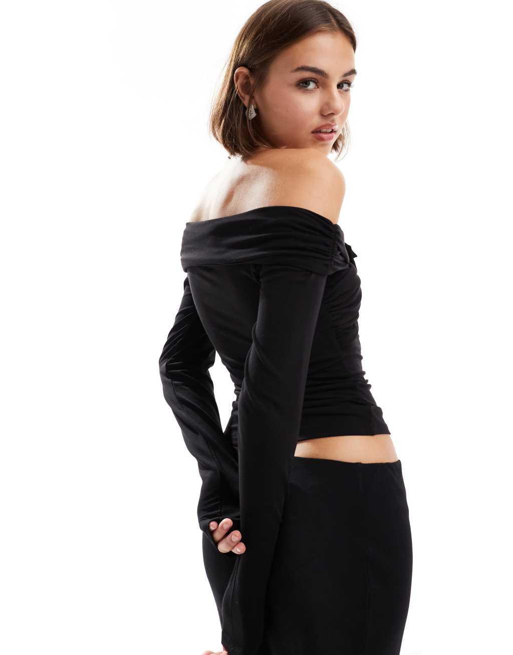 & Other Stories off-shoulder long sleeve top with front corsage in black Product Image