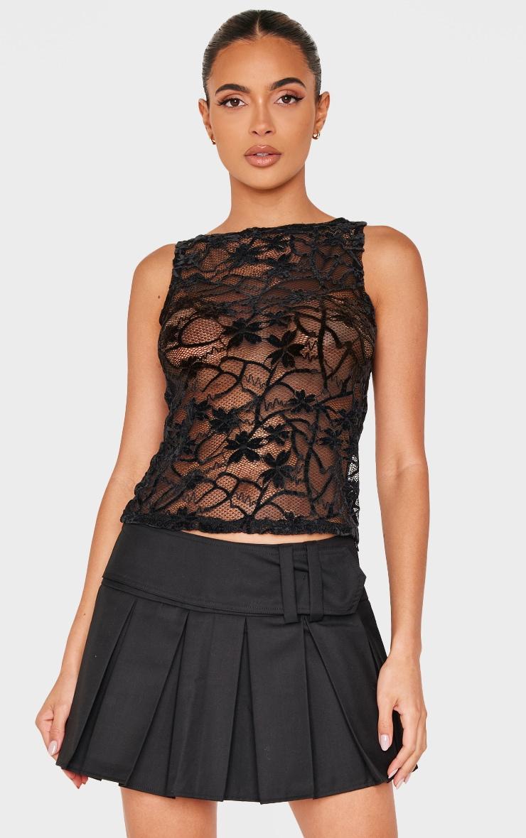 Black Lace Boat Neck Long Top Product Image