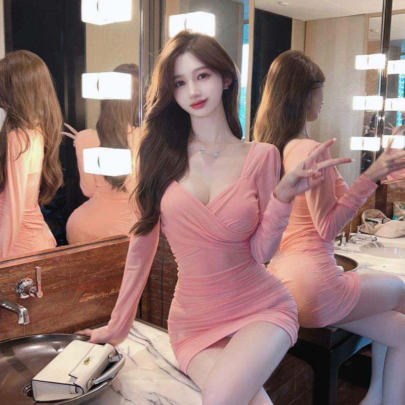 Long Sleeve V-Neck Plain Bodycon Mini Dress Product Image