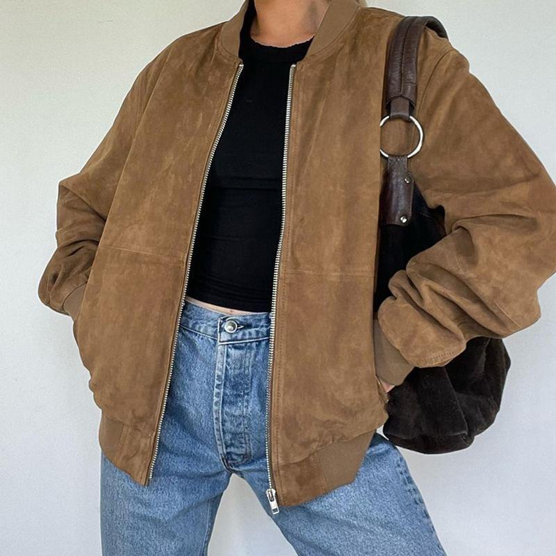 Faux Suede Zip-Up Jacket Product Image