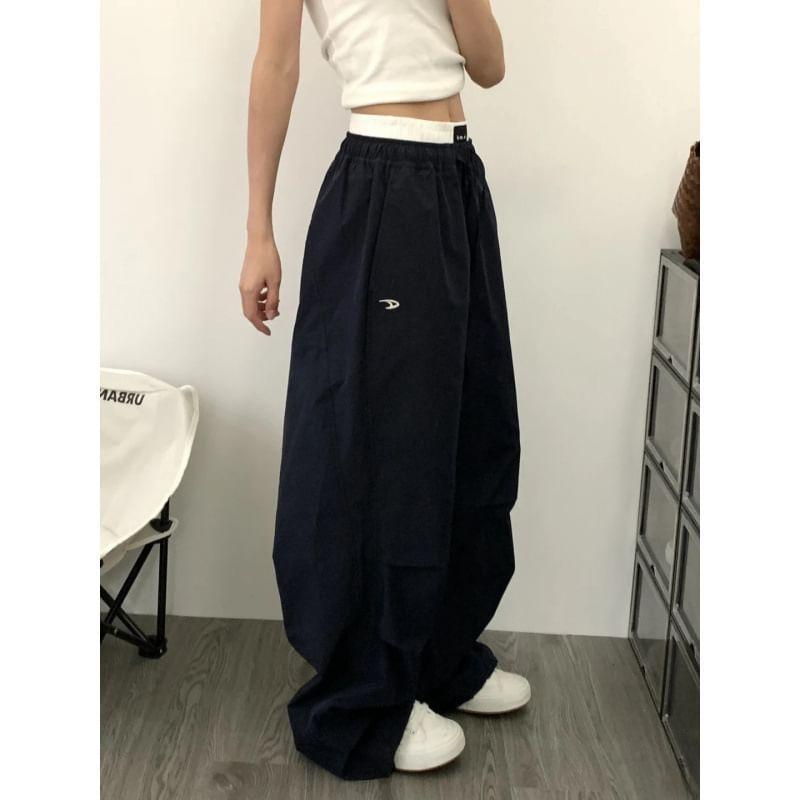 High Waist Color-Block Loose-Fit Wide-Leg Pants Product Image