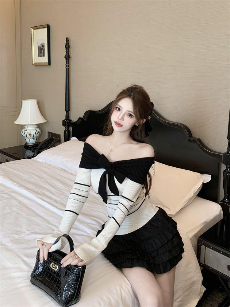 Long-Sleeve Off-Shoulder Striped Bow Accent Slim Fit Knit Top Product Image