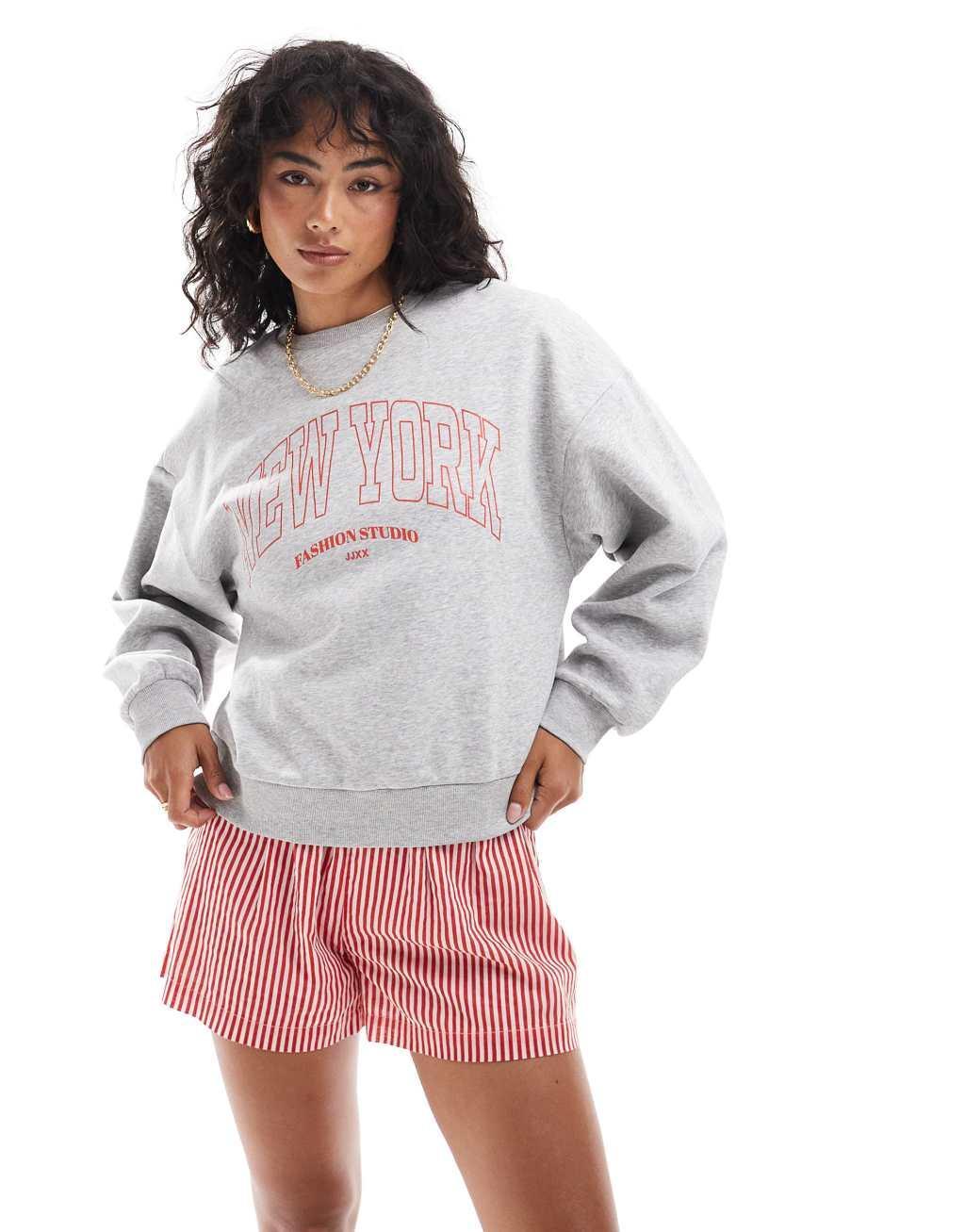 JJXX sweatshirt with new york chest print in heather gray  product image