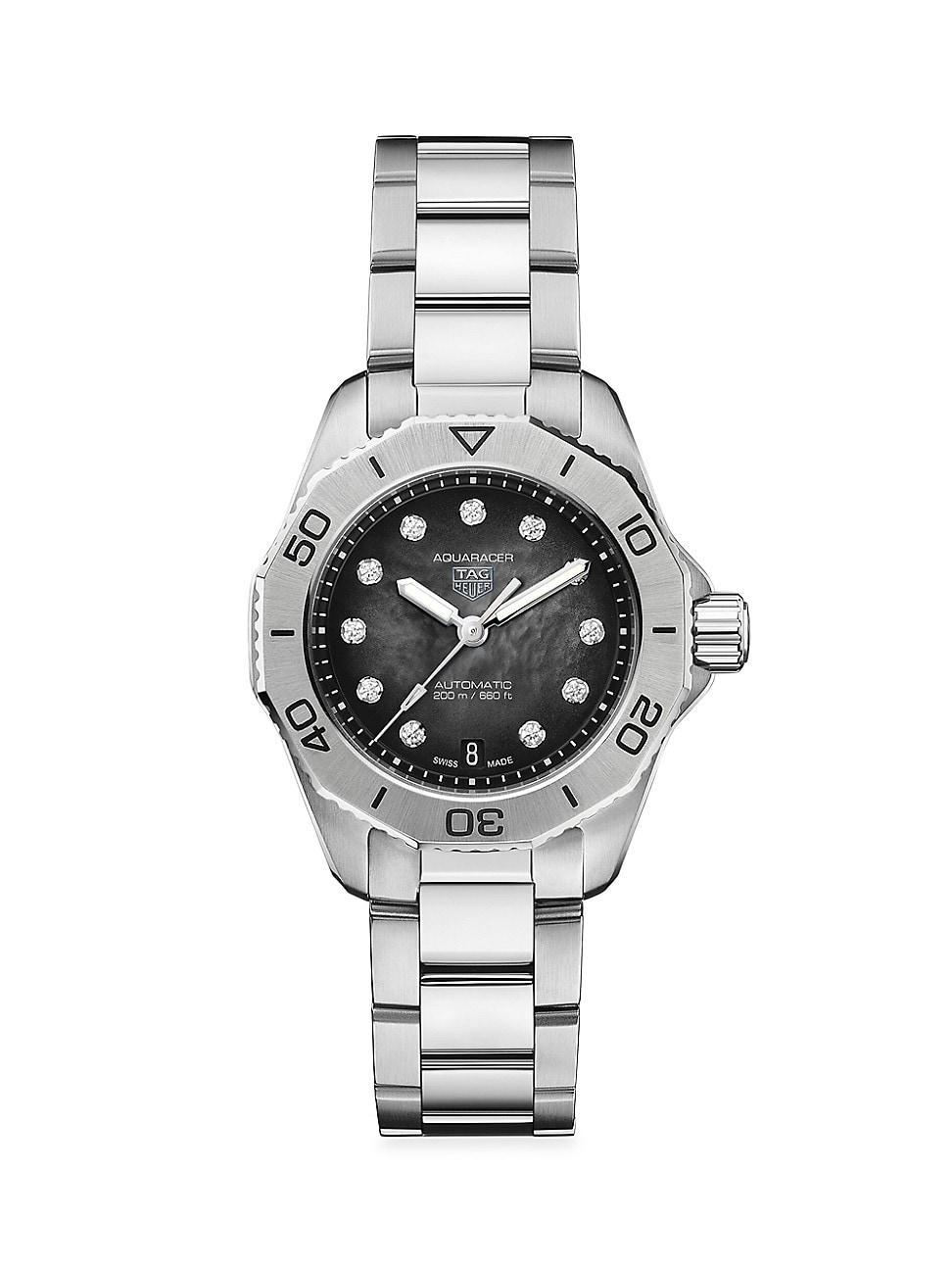 Womens Ladies Aquaracer Stainless Steel, Black Mother-Of-Pearl & Diamond Bracelet Watch Product Image