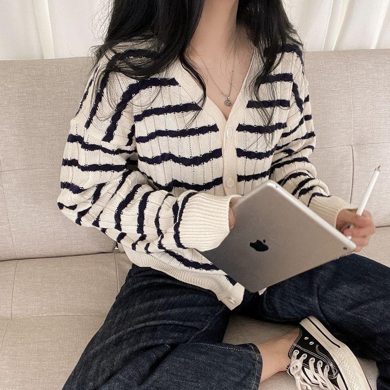 V-Neck Striped Ribbed Cardigan Product Image