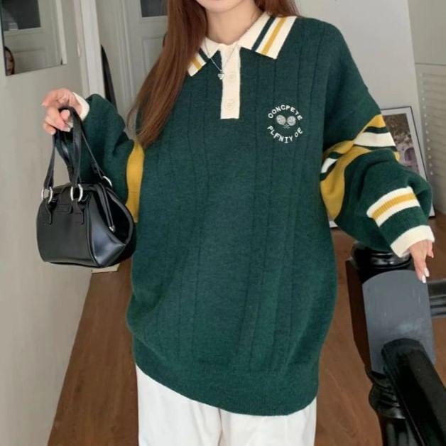 Long Sleeve Color-Block Striped Loose-Fit Polo Sweater Product Image