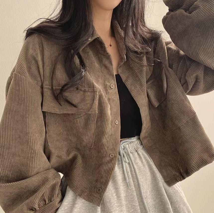 Collared Plain Corduroy Button Up Crop Jacket Product Image