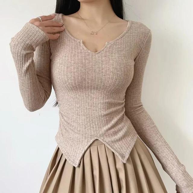 Long-Sleeve Notch Neck Ribbed Knit Top Product Image