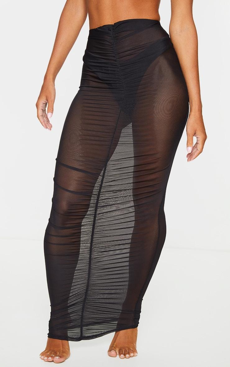 Black Ruched Mesh Midi Beach Skirt Product Image