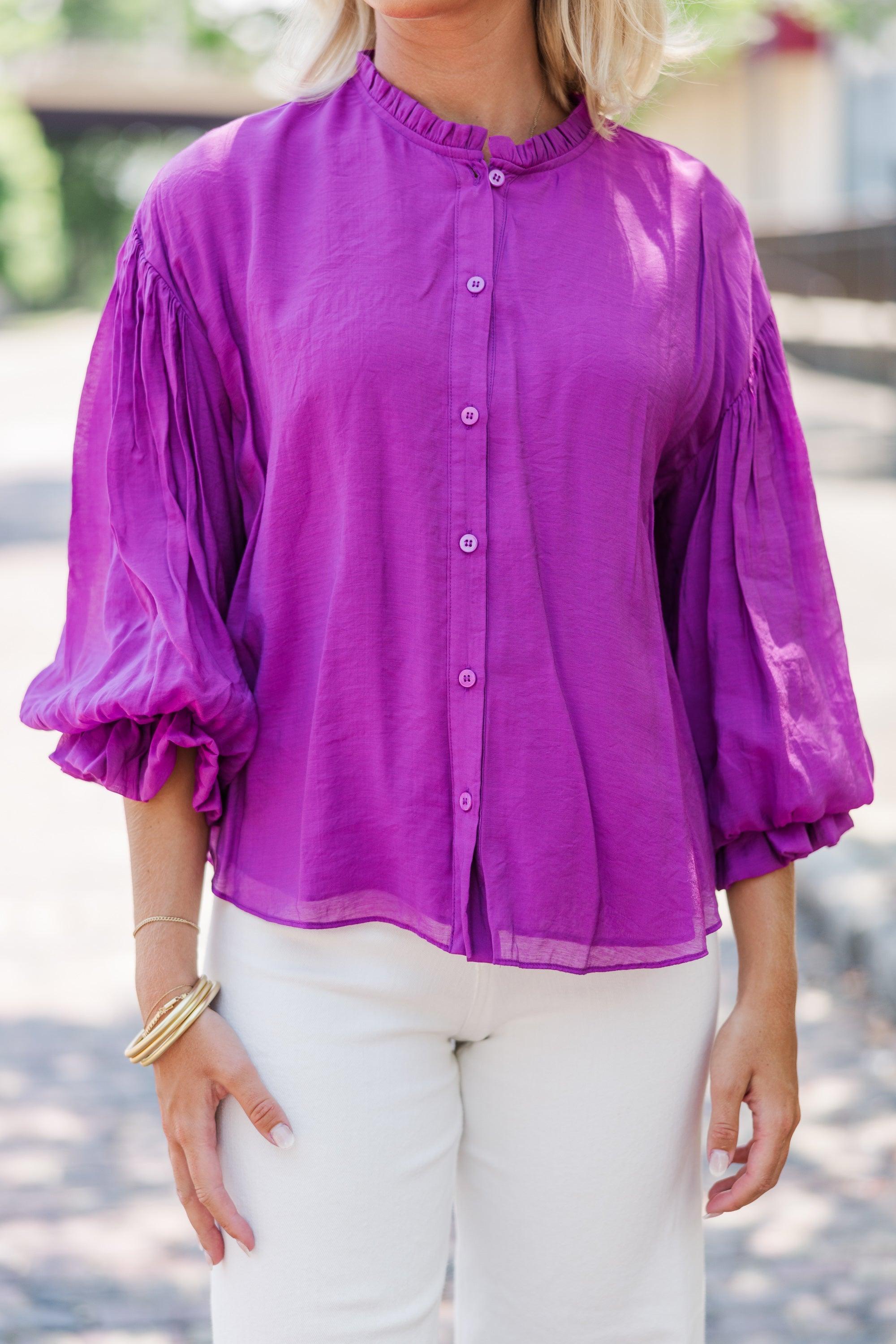 Somewhere New Purple Ruffled Blouse Female Product Image