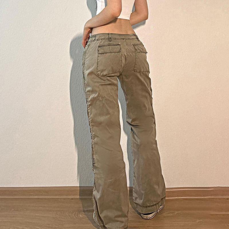 Low Waist Lettering Embroidered Straight-Fit Wide-Leg Cargo Pants Product Image