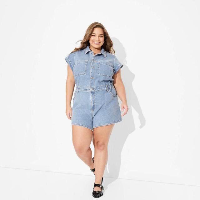 Womens Game Day Short Sleeve Denim Romper - Wild Fable Medium Wash 2X Product Image