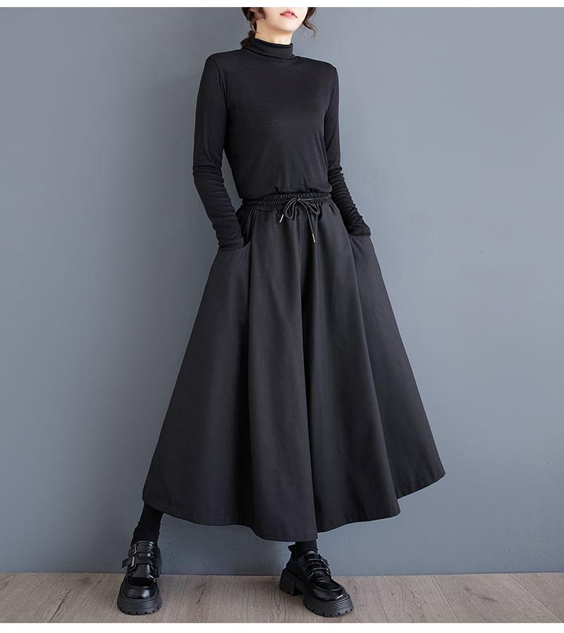 High Waist Plain Midi A-Line Skirt Product Image