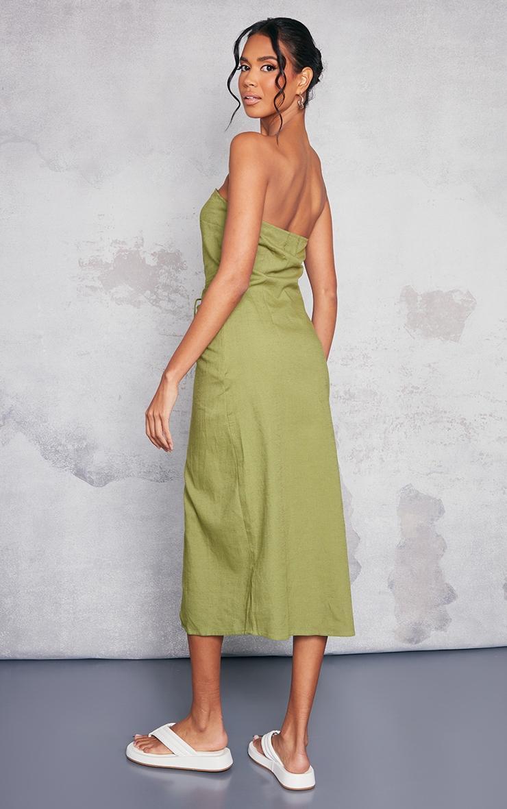 Khaki Linen Look Bandeau Ruched Detail Midaxi Dress Product Image