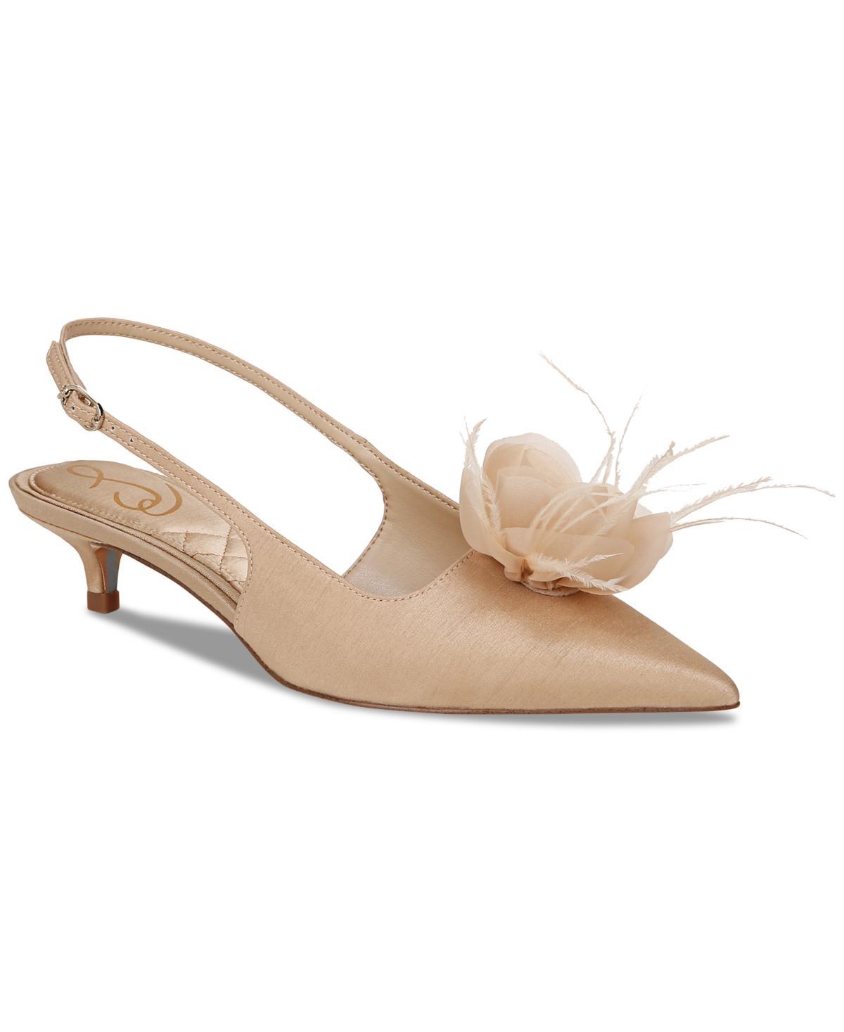 Sam Edelman Faye Satin Kitten Heel Slingback Sheer Flower and Feather Detail Pumps Product Image