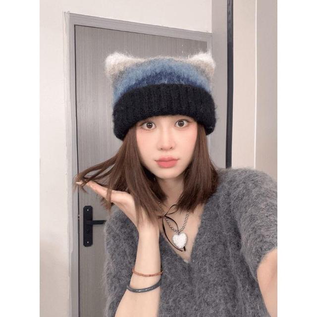 Cat Ear Color Block Beanie Product Image