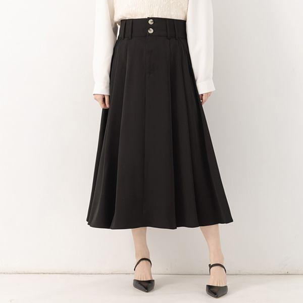 [L-3XL] High Rise Plain Button-Detail Plain Midi Pleated Skirt Product Image