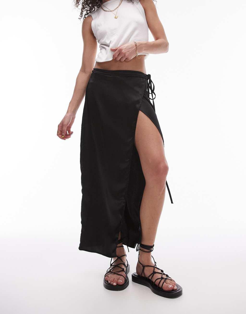 Topshop satin bias cut midi skirt in black Product Image