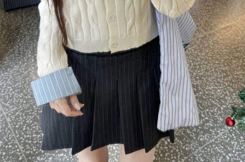 Collared Mock Two-Piece Striped Panel Cable Knit Button-Up Crop Cardigan Product Image