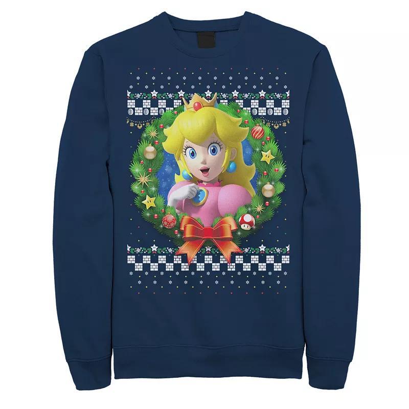 Mens Nintendo Super Mario 3D Peach Christmas Wreath Graphic Fleece Sweatshirt Blue Product Image