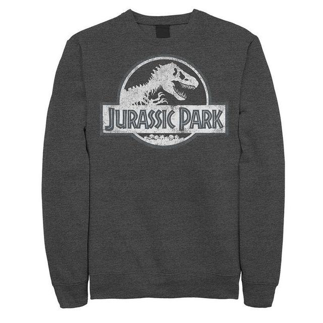 Mens Jurassic Park White Distressed Circle Logo Fleece Graphic Pullover Grey Heather Product Image