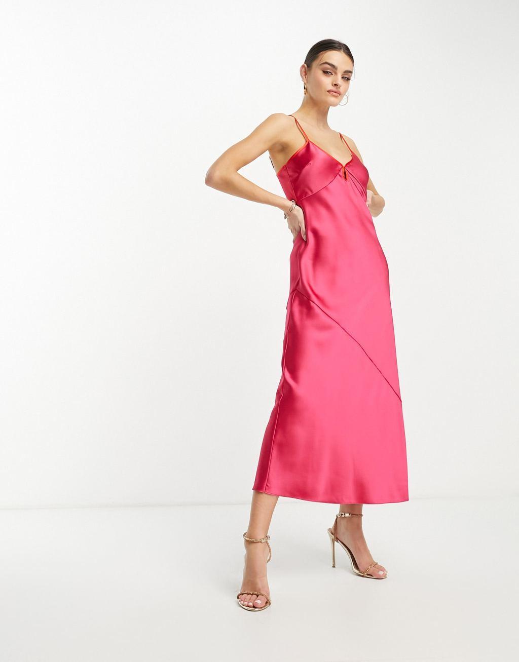 Never Fully Dressed satin slip dress in pink and red Product Image