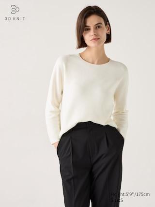 Womens 3D Knit Cotton Crew Neck Sweater Off White 2XS UNIQLO US Product Image