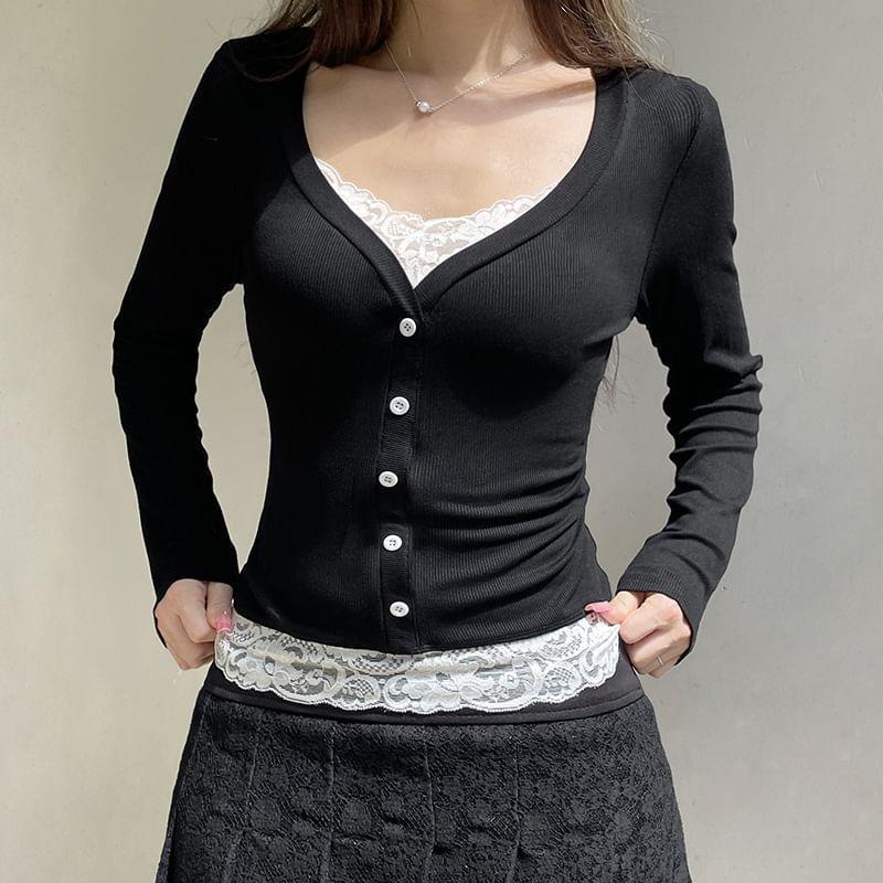 Long Sleeve V-Neck Mock Two Piece Button Panel Lace Top Product Image