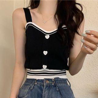 Two Tone Heart Button Crop Knit Tank Top Product Image