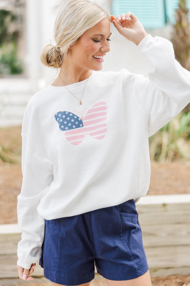 USA Pink Butterfly White Graphic Corded Sweatshirt Female Product Image