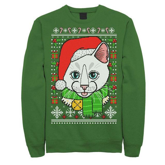 Mens Cat In Santa Hat Knit Style Graphic Fleece Pullover Green Product Image