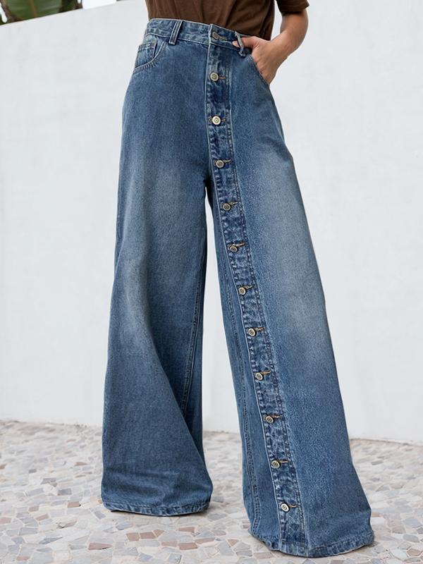 High Waisted Loose Buttoned Pockets Jean Pants Bottoms Product Image