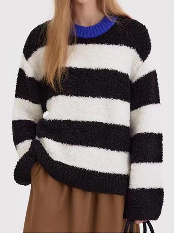 Long Sleeves Loose Contrast Color Split-Joint Striped Round-Neck Pullovers Sweater Tops Product Image