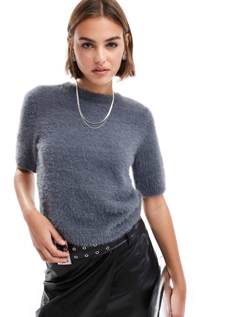 Pretty Lavish cropped knit T-shirt in charcoal Product Image