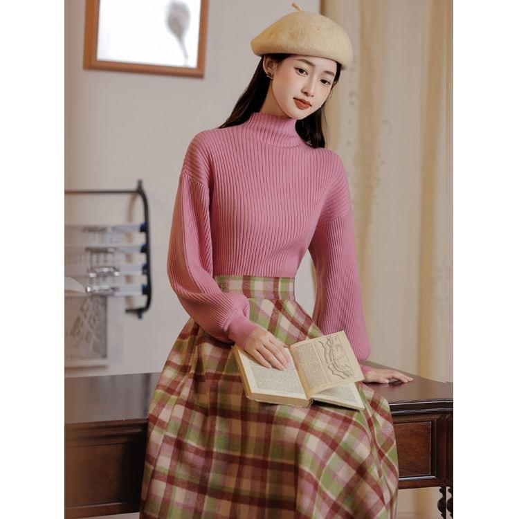 Set: Mock Neck Plain Sweater + High Rise Plaid Midi A-Line Skirt Product Image