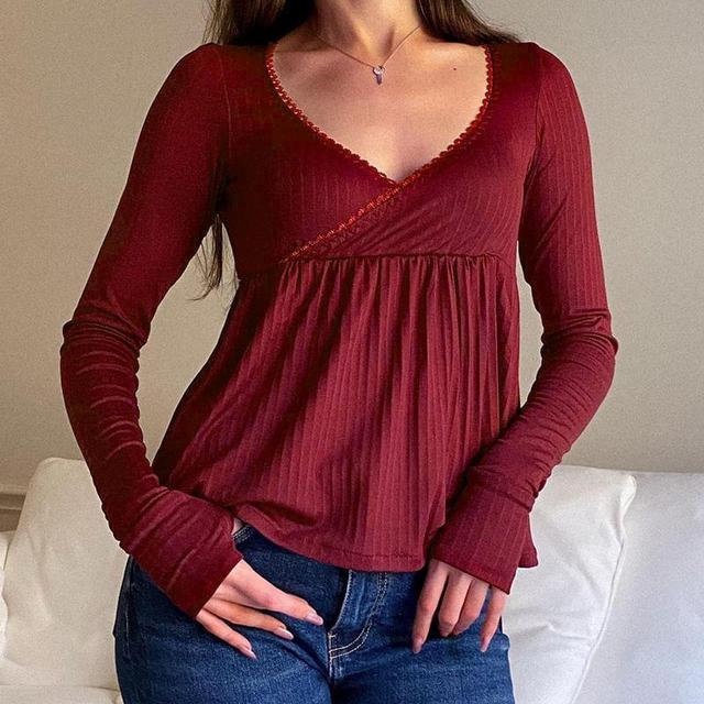 Long Sleeve V-Neck Lace-Trim Plain Loose-Fit Ribbed-Knit Top Product Image