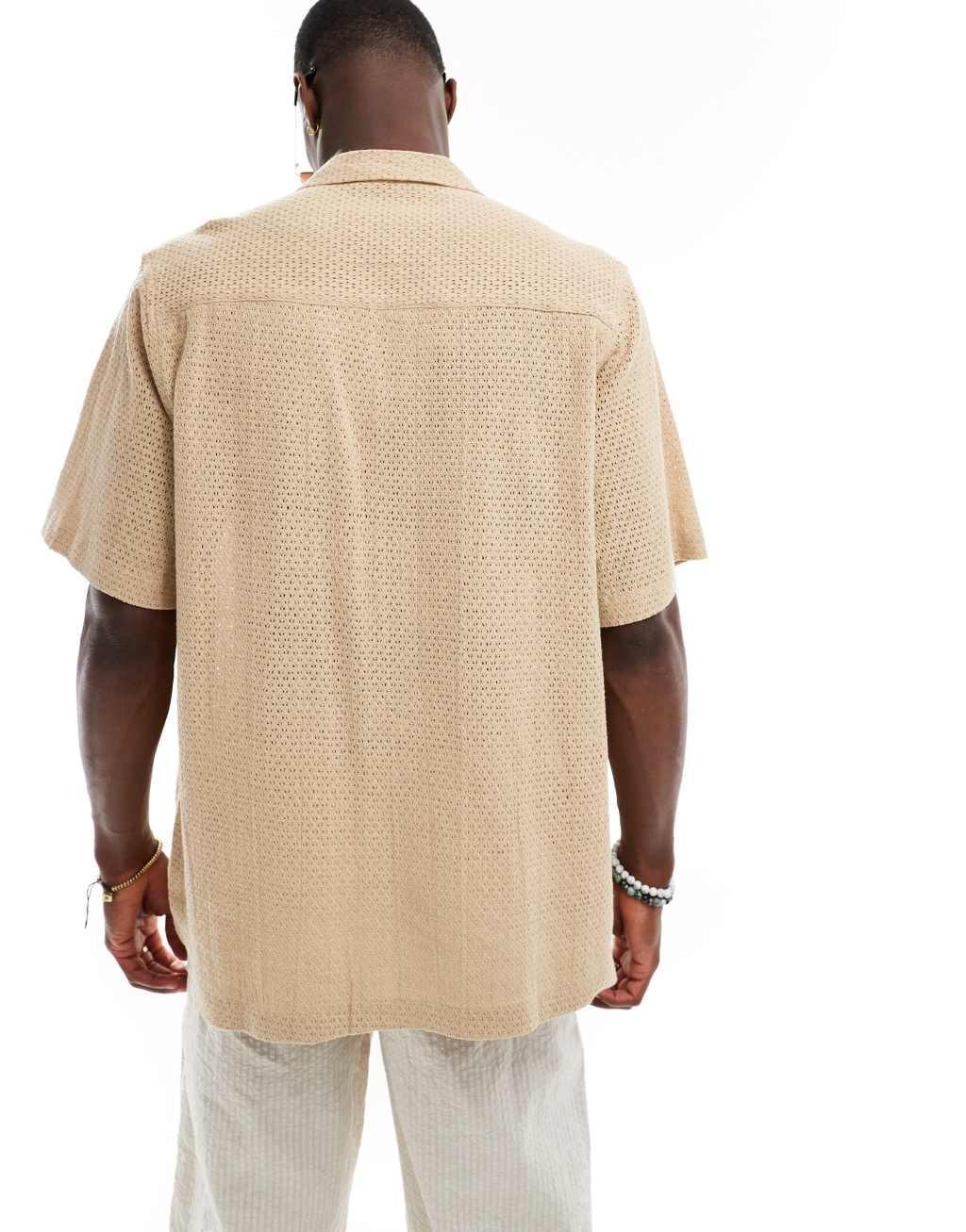 ASOS DESIGN relaxed camp collar textured shirt in beige Product Image