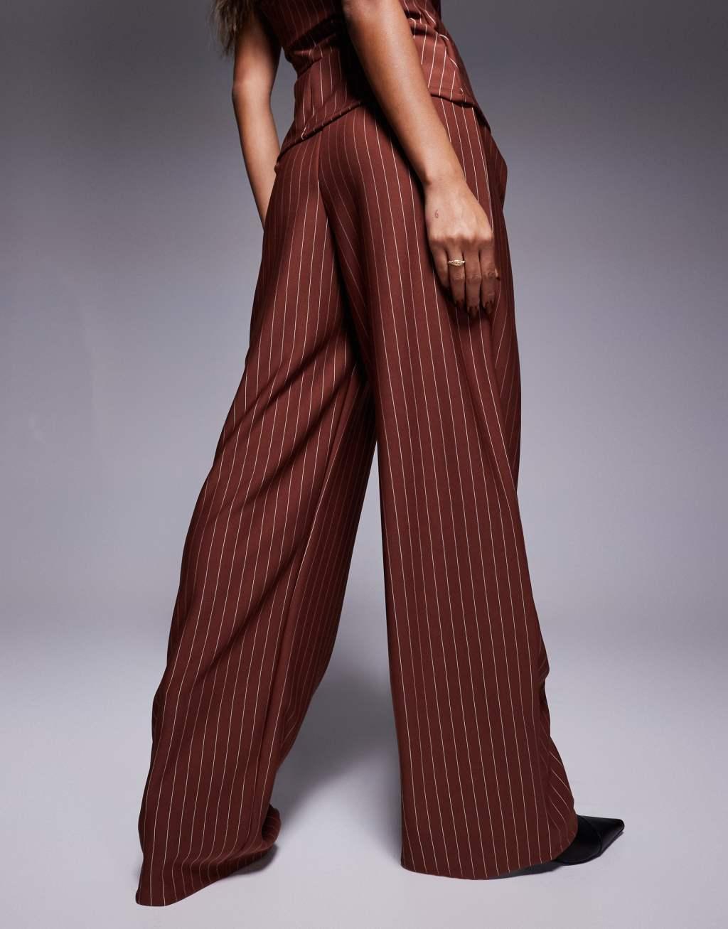 ASOS DESIGN wide leg pants in chocolate pin stripe - part of a set Product Image