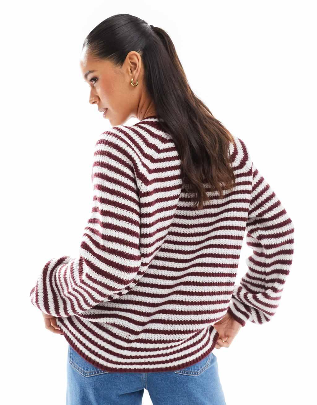 ASOS DESIGN knitted raglan cardigan in burgundy stripe Product Image