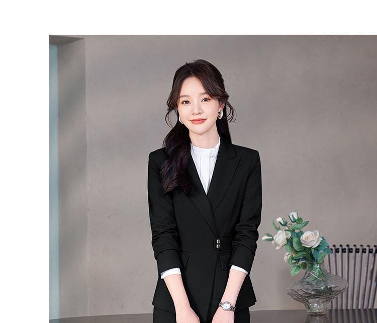 Peak Lapel Plain Single-Breasted Blazer / Long-Sleeve Bow Shirt / High Waist Pencil Skirt / Straight Leg Slacks Product Image