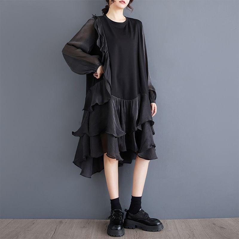 Long-Sleeve Round Neck Asymmetrical Ruffle Trim A-Line Dress Product Image