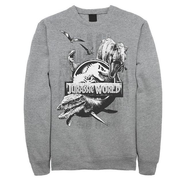 Mens Jurassic World Two Dino Collage Grunge Logo Fleece Athletic Grey Product Image