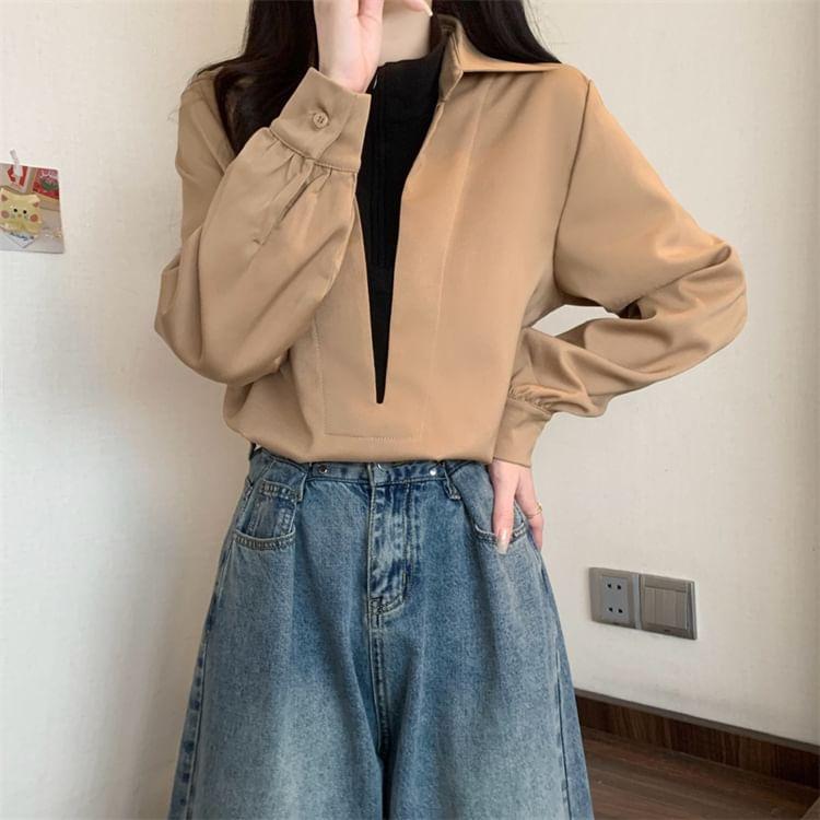 Mock Two-Piece Long-Sleeve Two Tone Overhead Blouse Product Image