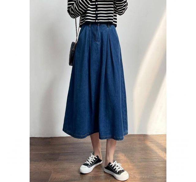 High Waist Washed Midi A-Line Denim Skirt Product Image